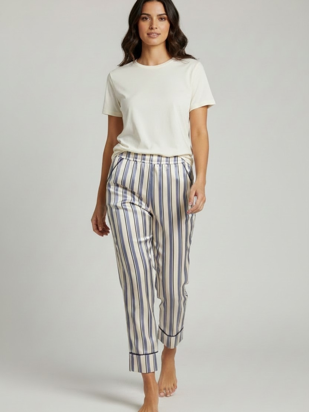 Adore Me Women’s Small Satin Pajama Pants Lavender Pink Striped Cropped NWT